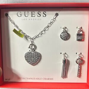 New Guess Interchangeable Charm Necklace Set‎ Silver Heart Key Lock Medium